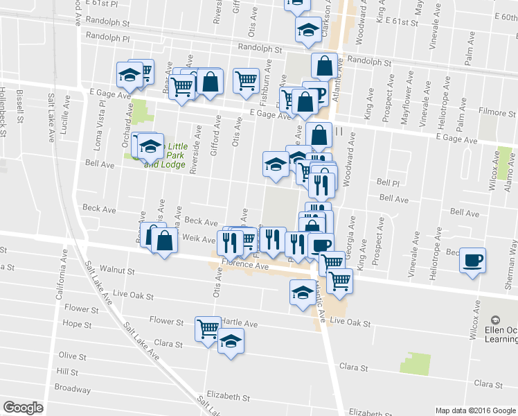map of restaurants, bars, coffee shops, grocery stores, and more near 6839 Flora Avenue in Bell