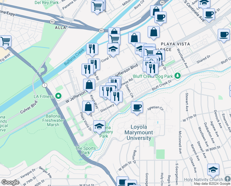 map of restaurants, bars, coffee shops, grocery stores, and more near 6020 South Seabluff Drive in Los Angeles