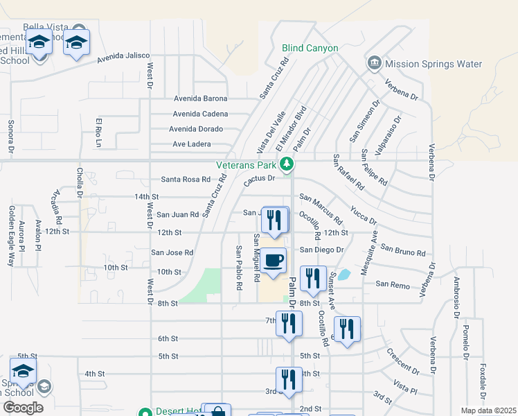 map of restaurants, bars, coffee shops, grocery stores, and more near 66376 San Juan Road in Desert Hot Springs