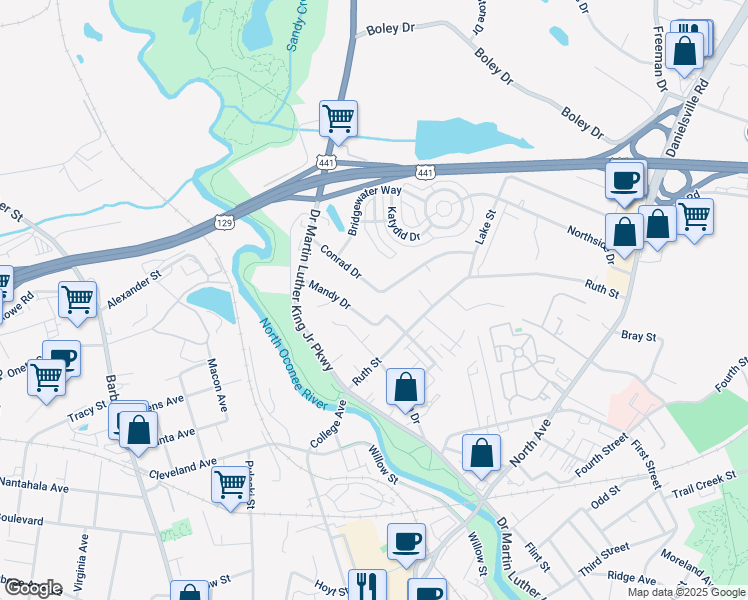 map of restaurants, bars, coffee shops, grocery stores, and more near 190 Conrad Drive in Athens