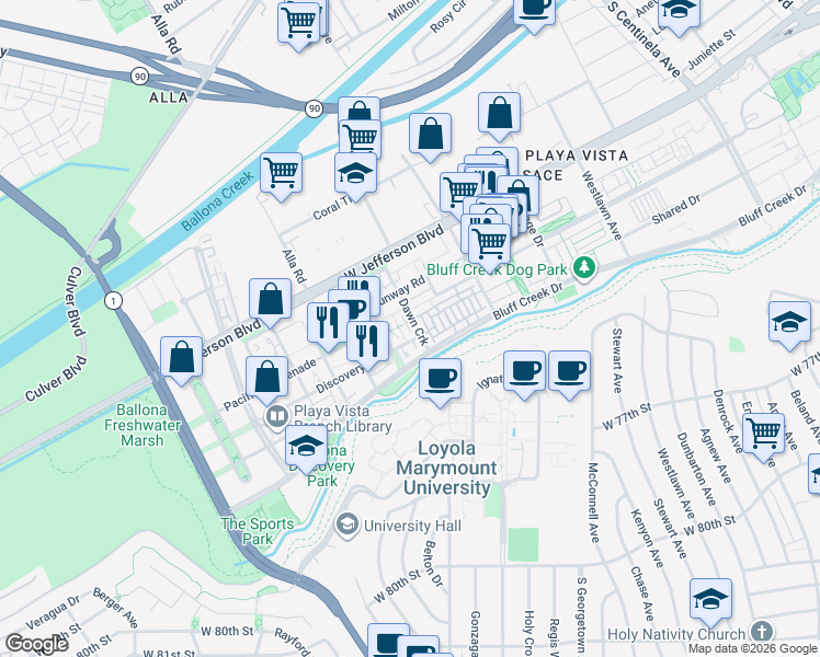 map of restaurants, bars, coffee shops, grocery stores, and more near 2 Playa Vista Drive in Los Angeles