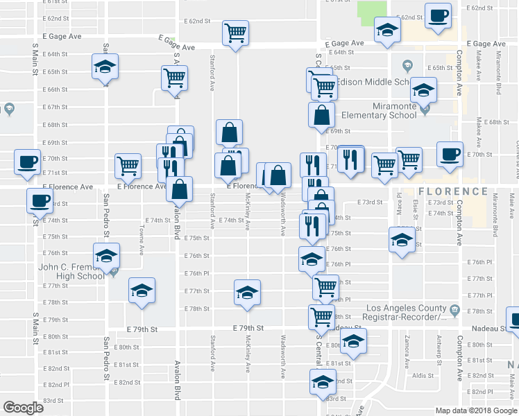 map of restaurants, bars, coffee shops, grocery stores, and more near 816 East 73rd Street in Los Angeles