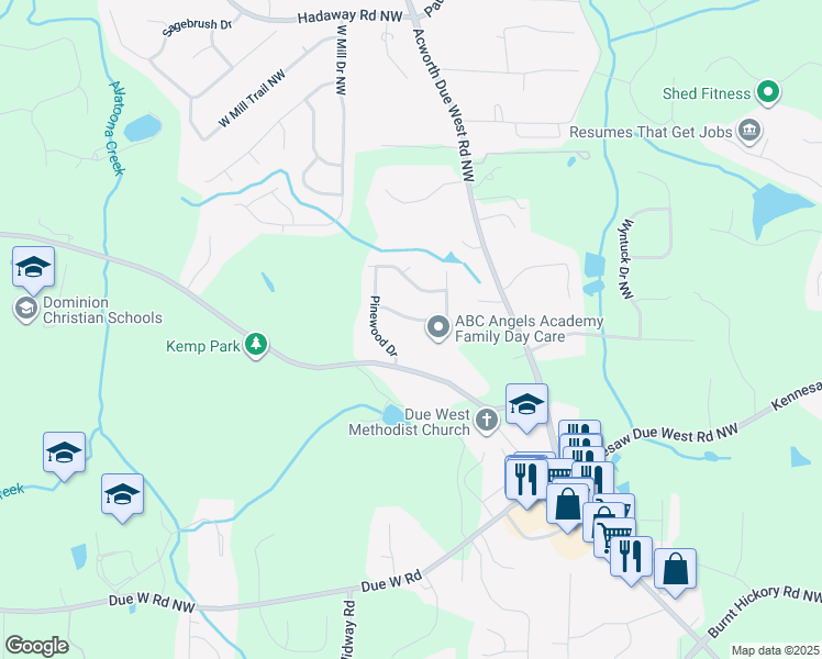 map of restaurants, bars, coffee shops, grocery stores, and more near 4111 Pine Log Drive in Marietta