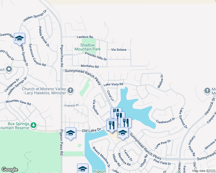 map of restaurants, bars, coffee shops, grocery stores, and more near 23426 Mariner Way in Moreno Valley