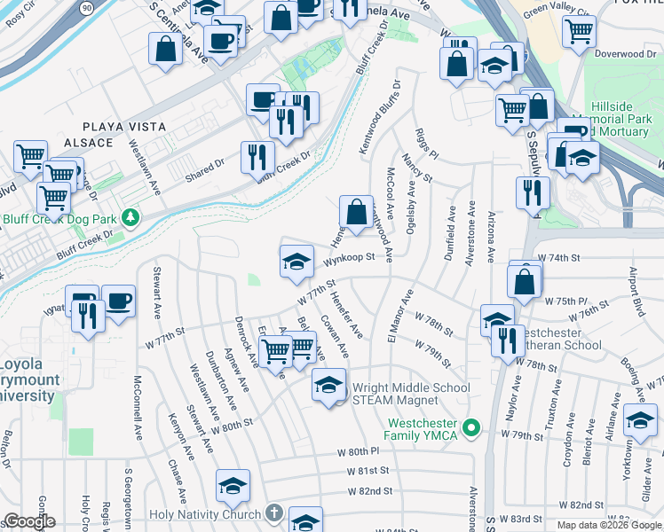 map of restaurants, bars, coffee shops, grocery stores, and more near 6510 Wynkoop Street in Los Angeles