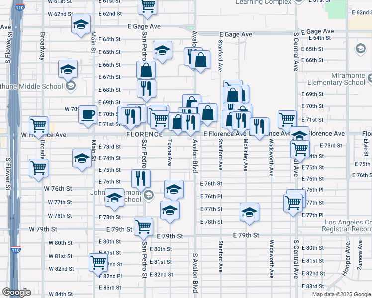map of restaurants, bars, coffee shops, grocery stores, and more near 510 East 73rd Street in Los Angeles