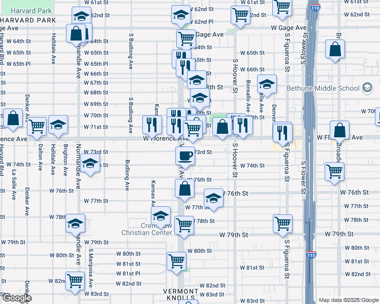 map of restaurants, bars, coffee shops, grocery stores, and more near 977 West 73rd Street in Los Angeles