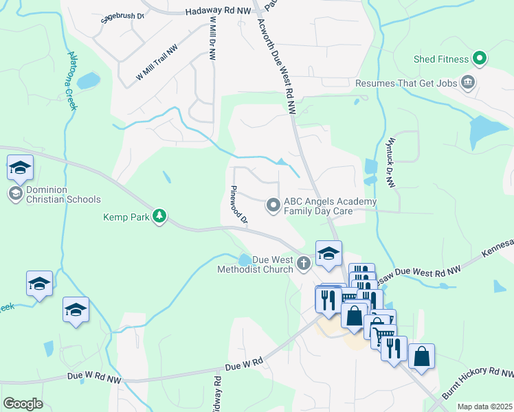 map of restaurants, bars, coffee shops, grocery stores, and more near 4111 Pine Log Drive in Marietta