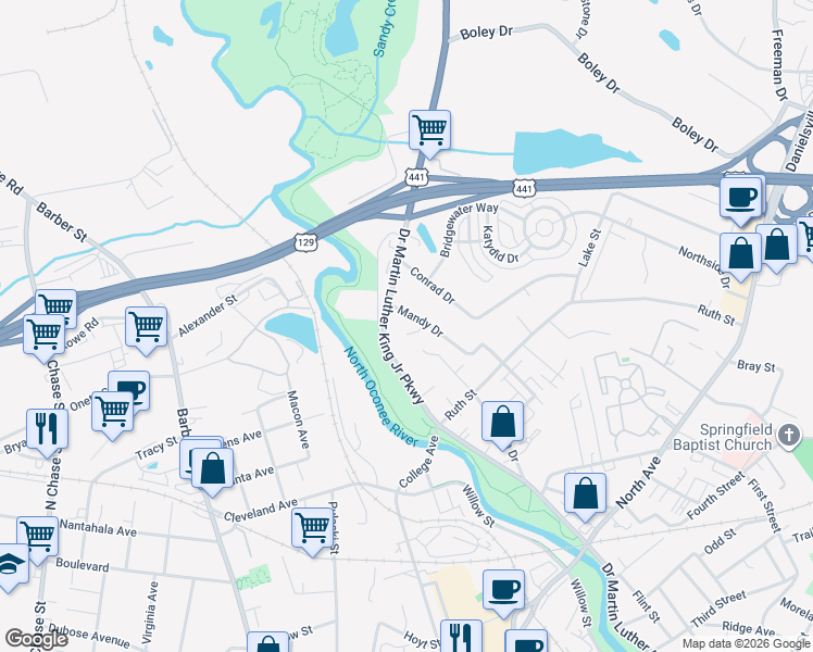map of restaurants, bars, coffee shops, grocery stores, and more near 140 Peeks Point in Athens