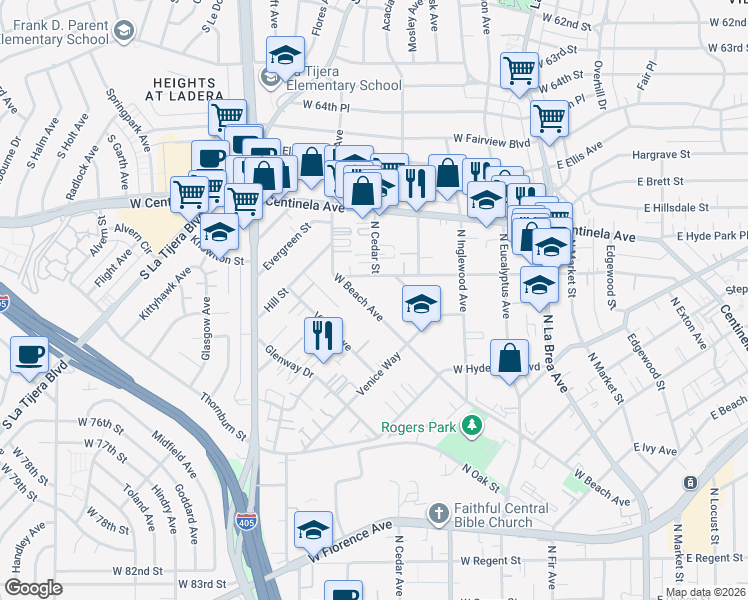 map of restaurants, bars, coffee shops, grocery stores, and more near 849 West Beach Avenue in Inglewood