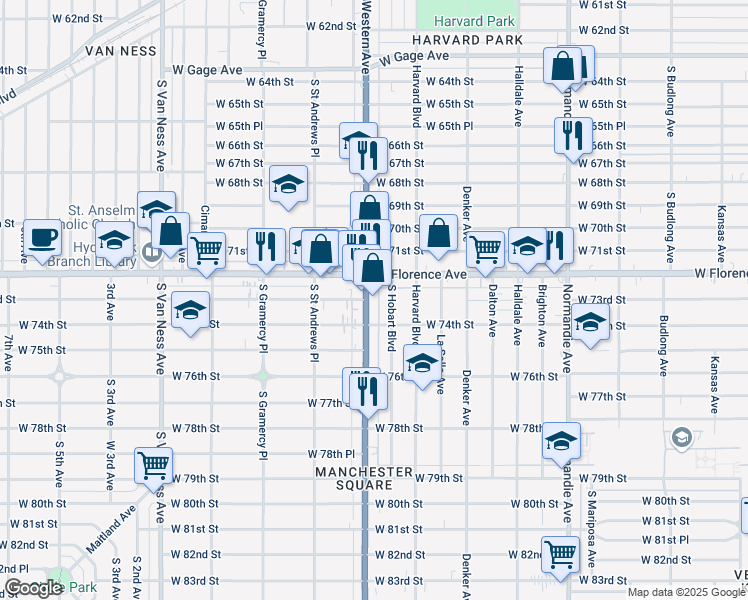 map of restaurants, bars, coffee shops, grocery stores, and more near 7307 South Hobart Boulevard in Los Angeles
