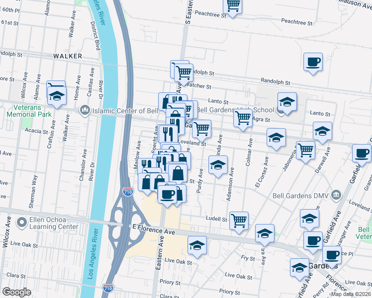 map of restaurants, bars, coffee shops, grocery stores, and more near 6521 1/2 Ajax Avenue in Bell Gardens