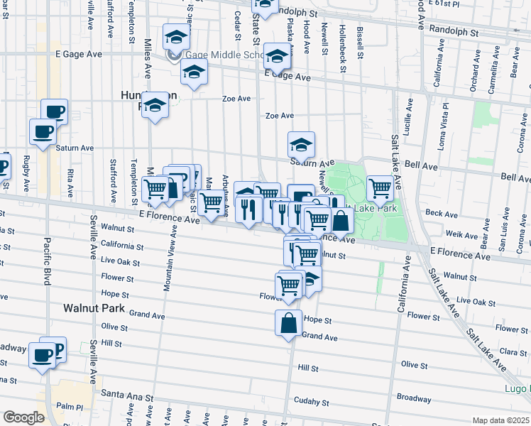 map of restaurants, bars, coffee shops, grocery stores, and more near 7120 Mission Place in Huntington Park