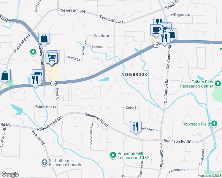 map of restaurants, bars, coffee shops, grocery stores, and more near 980 Ashebrooke Ct NE in Marietta