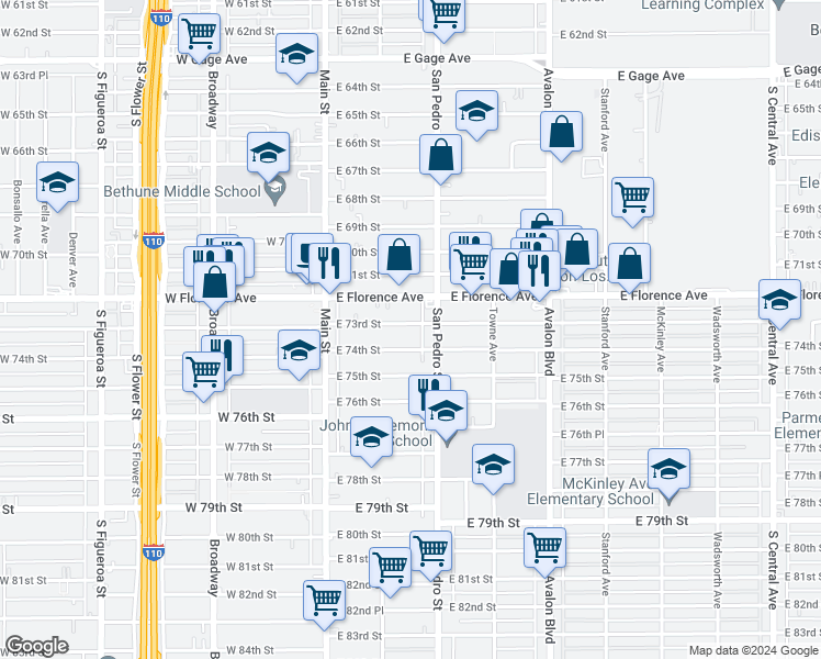 map of restaurants, bars, coffee shops, grocery stores, and more near 236 East 73rd Street in Los Angeles