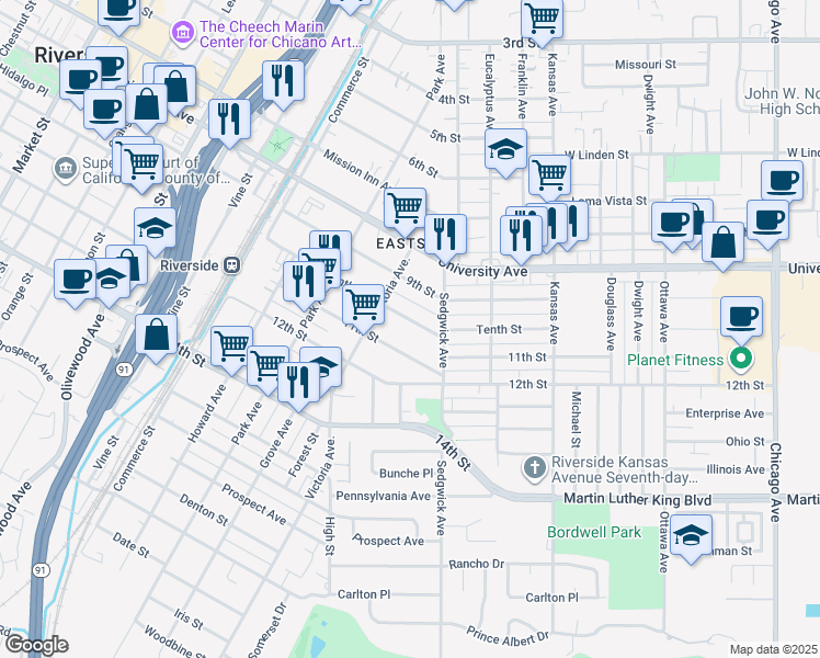 map of restaurants, bars, coffee shops, grocery stores, and more near 2558 Tenth Street in Riverside