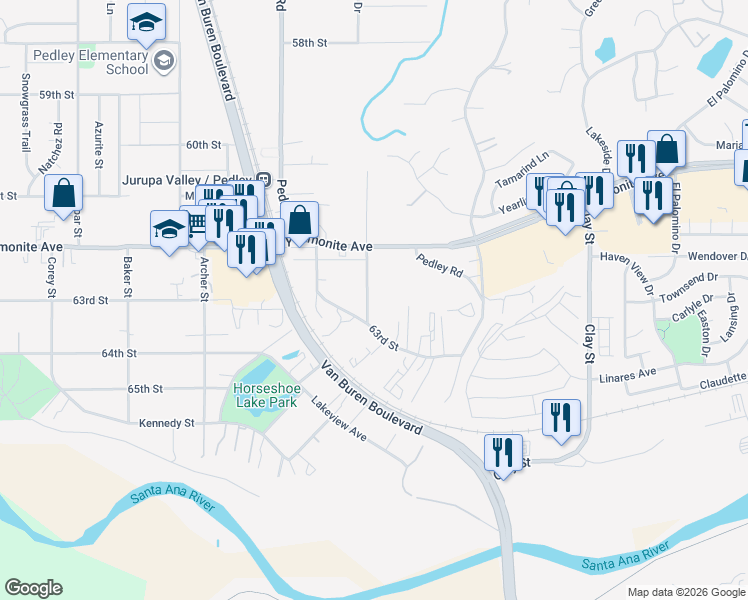 map of restaurants, bars, coffee shops, grocery stores, and more near 6302 Eucalyptus Street in Riverside