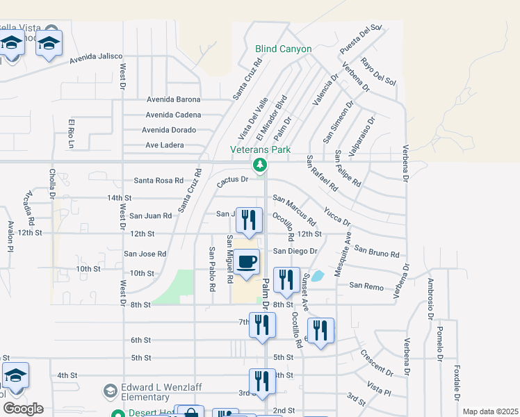 map of restaurants, bars, coffee shops, grocery stores, and more near 10321 Palm Drive in Desert Hot Springs