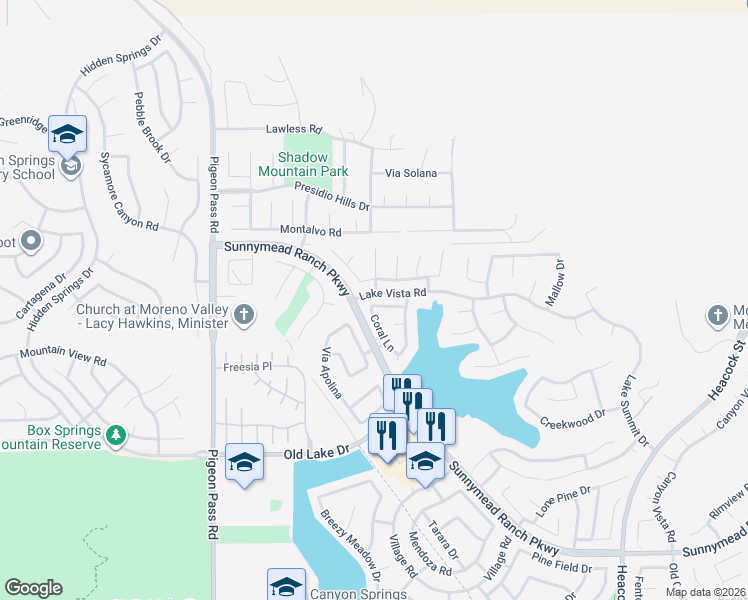map of restaurants, bars, coffee shops, grocery stores, and more near 23406 Mariner Way in Moreno Valley