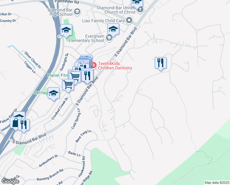 map of restaurants, bars, coffee shops, grocery stores, and more near 2845 Shadow Canyon Road in Diamond Bar