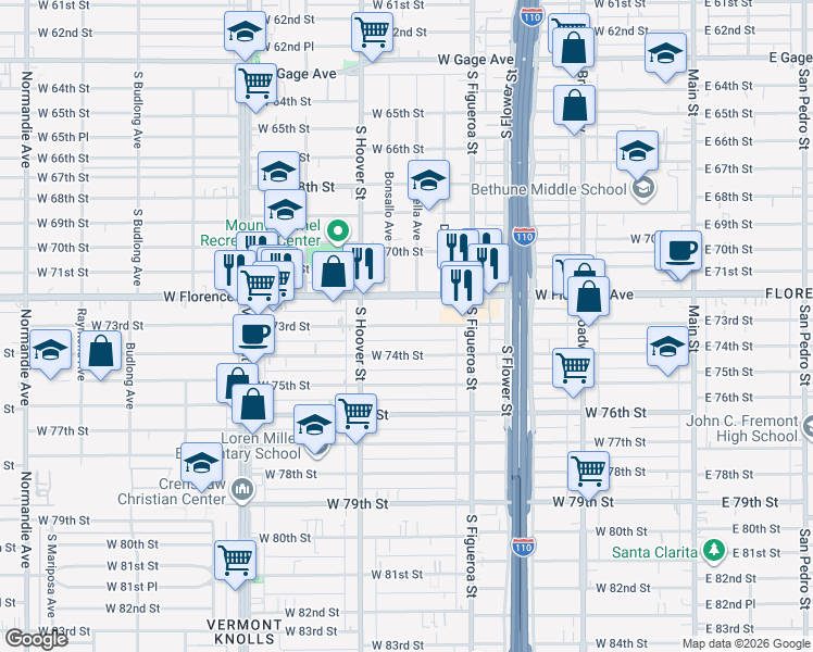 map of restaurants, bars, coffee shops, grocery stores, and more near 860 West 73rd Street in Los Angeles
