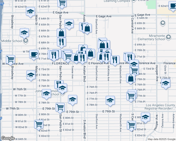 map of restaurants, bars, coffee shops, grocery stores, and more near 612 East 73rd Street in Los Angeles