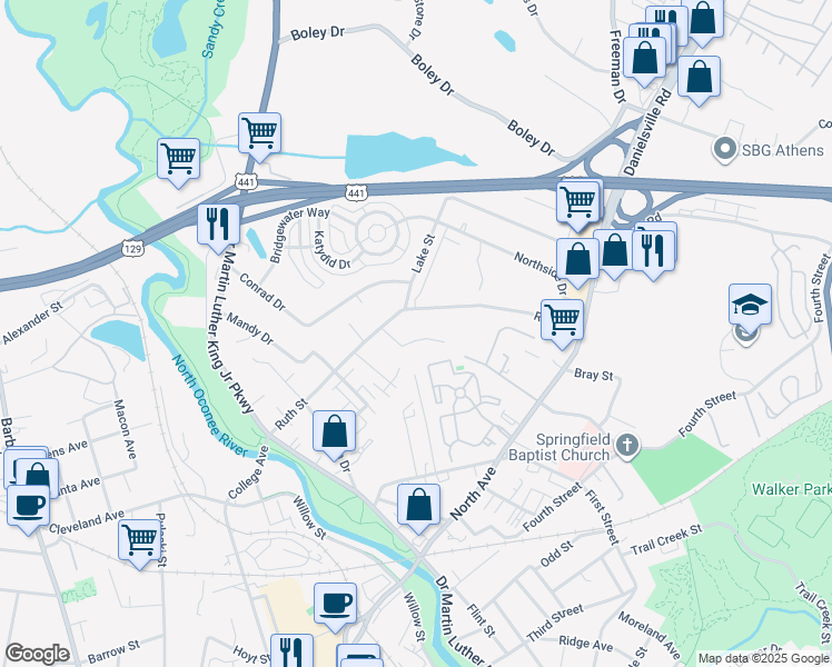 map of restaurants, bars, coffee shops, grocery stores, and more near 111 Cherry Lane in Athens