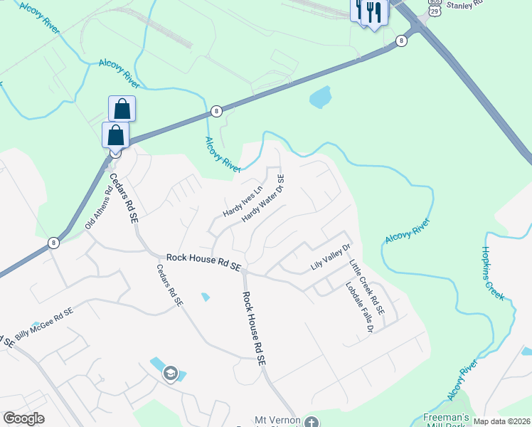 map of restaurants, bars, coffee shops, grocery stores, and more near 1430 Aster Ives Drive in Lawrenceville