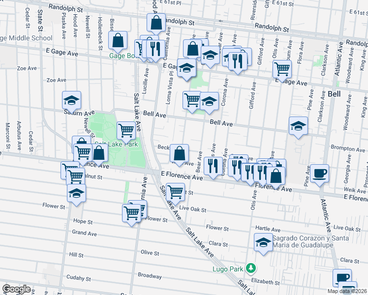 map of restaurants, bars, coffee shops, grocery stores, and more near 6940 Orchard Avenue in Bell