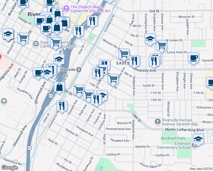 map of restaurants, bars, coffee shops, grocery stores, and more near 2790 11th Street in Riverside