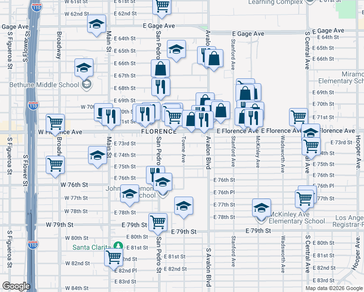 map of restaurants, bars, coffee shops, grocery stores, and more near 358 East 73rd Street in Los Angeles