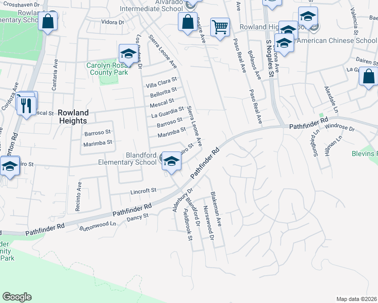 map of restaurants, bars, coffee shops, grocery stores, and more near 18730 Aguiro Street in La Puente