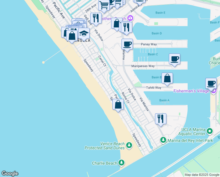 map of restaurants, bars, coffee shops, grocery stores, and more near 28 Ketch Street in Marina del Rey