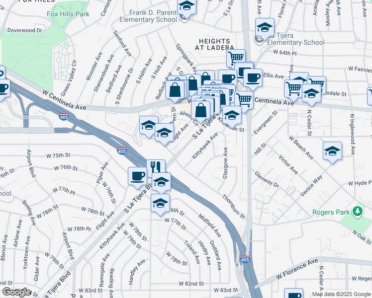 map of restaurants, bars, coffee shops, grocery stores, and more near 7100 La Tijera Boulevard in Los Angeles