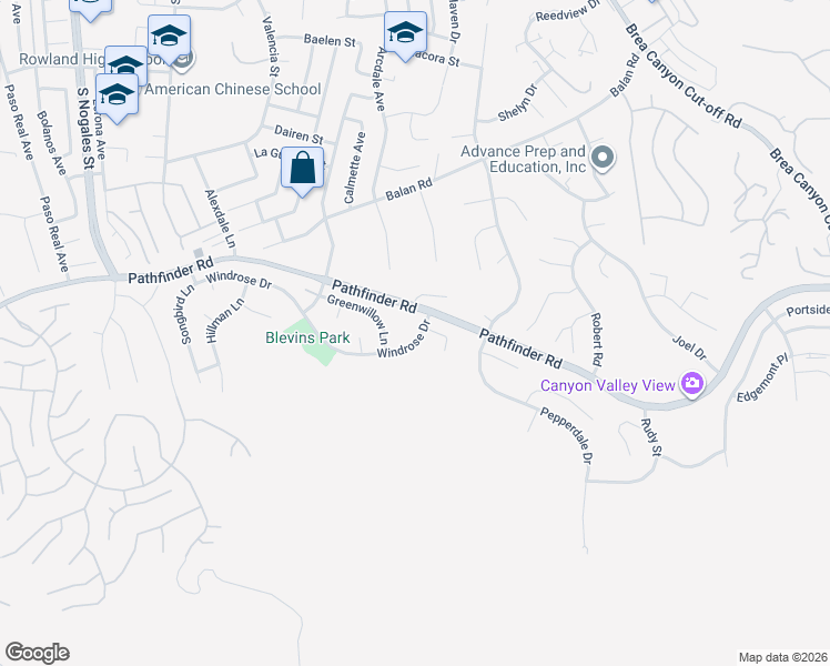 map of restaurants, bars, coffee shops, grocery stores, and more near 19625 Windrose Drive in Rowland Heights