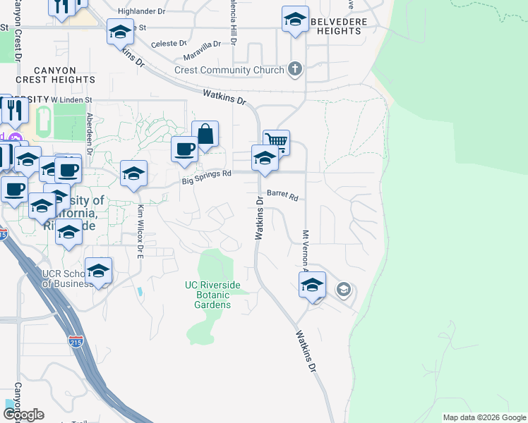 map of restaurants, bars, coffee shops, grocery stores, and more near 4050 Watkins Drive in Riverside