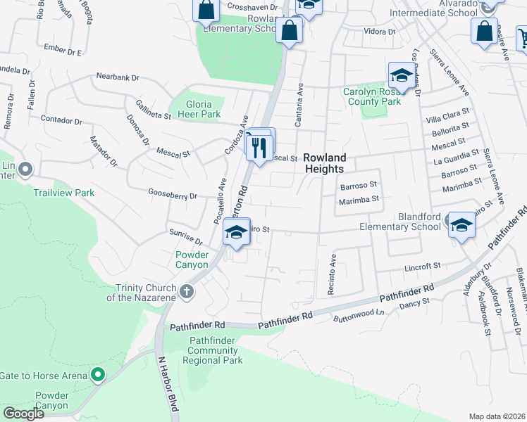 map of restaurants, bars, coffee shops, grocery stores, and more near 18240 Senteno Street in Rowland Heights