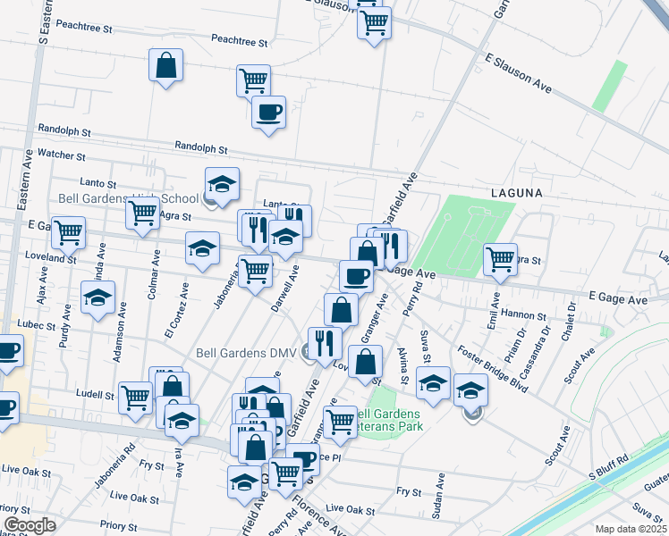 map of restaurants, bars, coffee shops, grocery stores, and more near in Bell Gardens