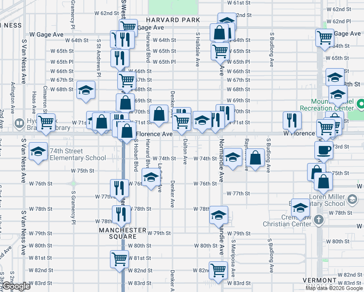map of restaurants, bars, coffee shops, grocery stores, and more near 7306 Dalton Avenue in Los Angeles