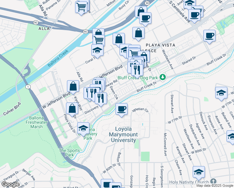 map of restaurants, bars, coffee shops, grocery stores, and more near 5825 West Seaglass Circle in Los Angeles
