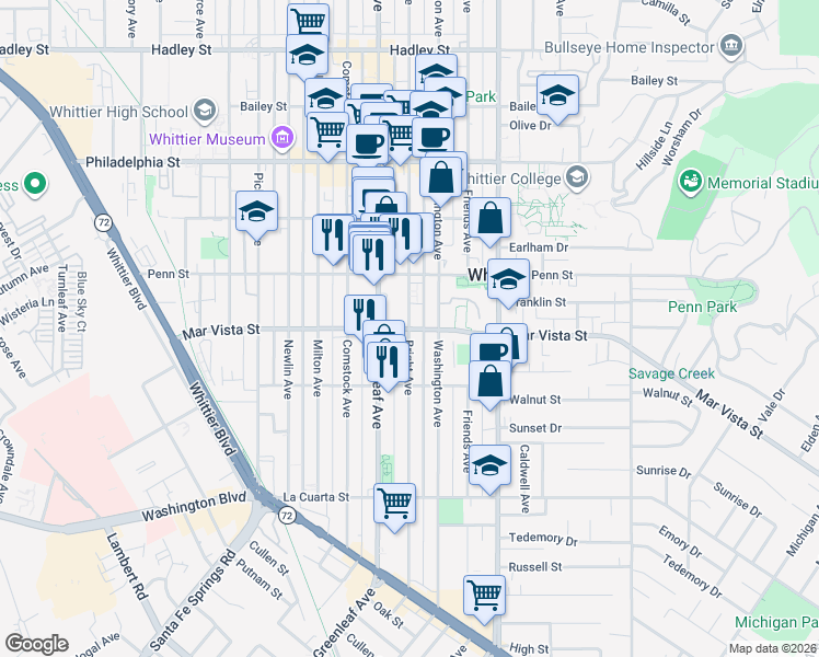 map of restaurants, bars, coffee shops, grocery stores, and more near Mar Vista Street & Bright Avenue in Whittier