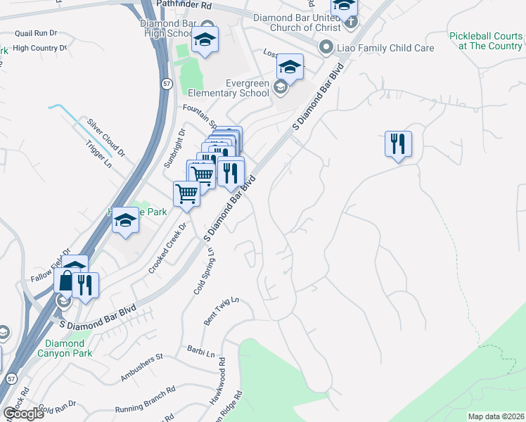 map of restaurants, bars, coffee shops, grocery stores, and more near 2819 Steeplechase Lane in Diamond Bar