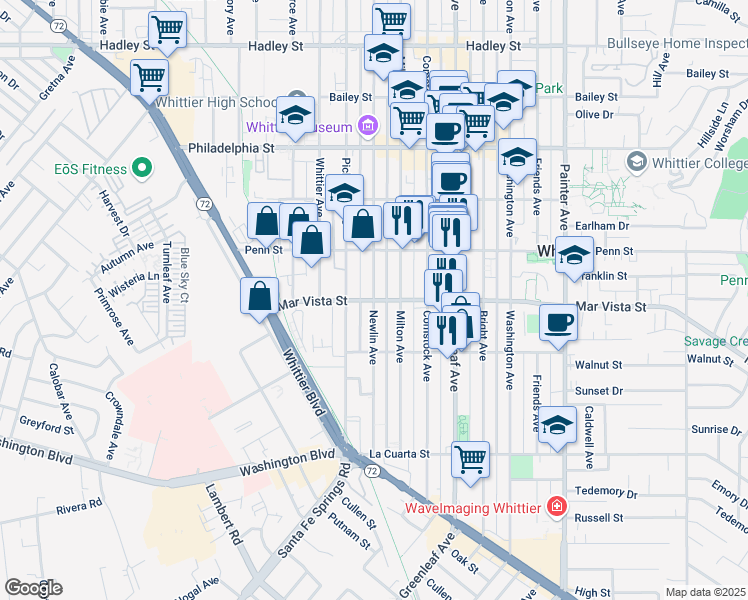 map of restaurants, bars, coffee shops, grocery stores, and more near Mar Vista St & Newlin Ave in Whittier