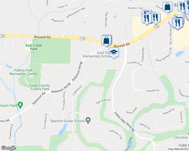 map of restaurants, bars, coffee shops, grocery stores, and more near 3725 Greenview Drive in Marietta