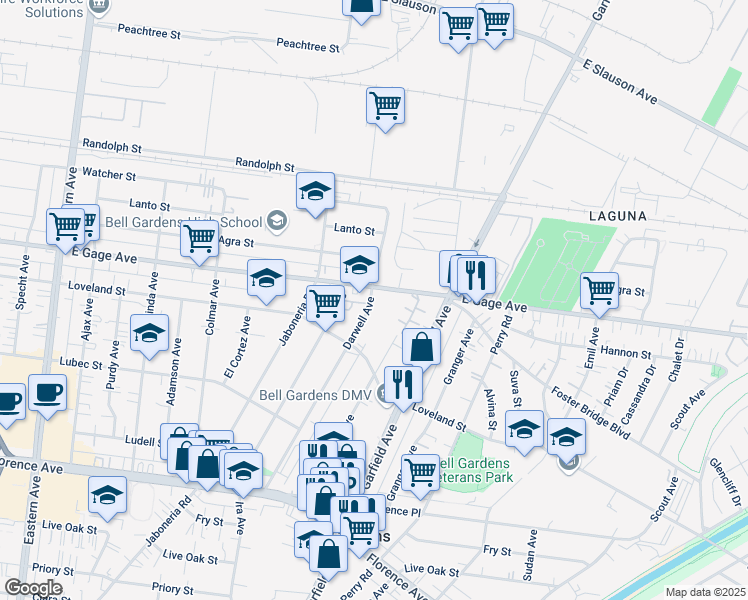 map of restaurants, bars, coffee shops, grocery stores, and more near 6414 Darwell Avenue in Bell Gardens