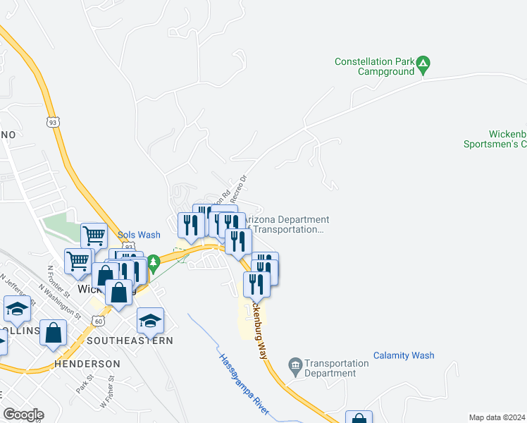map of restaurants, bars, coffee shops, grocery stores, and more near 590 El Recreo Court in Wickenburg