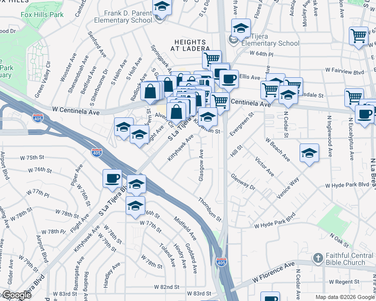 map of restaurants, bars, coffee shops, grocery stores, and more near 7021 Ramsgate Place in Los Angeles