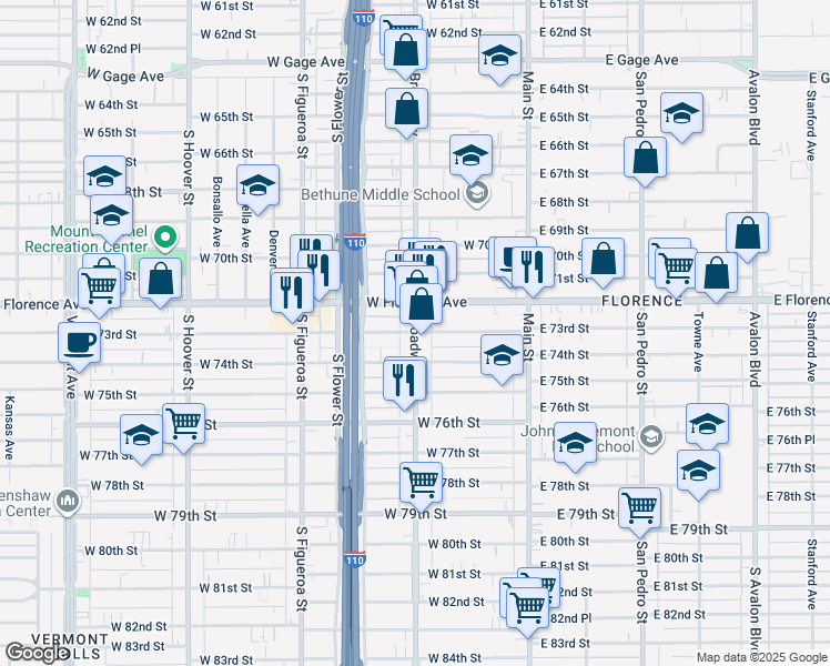 map of restaurants, bars, coffee shops, grocery stores, and more near 334 West 73rd Street in Los Angeles