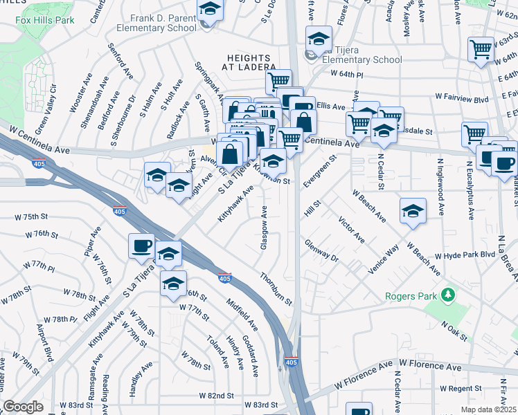 map of restaurants, bars, coffee shops, grocery stores, and more near 7007 Glasgow Avenue in Los Angeles