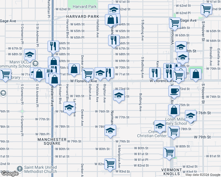 map of restaurants, bars, coffee shops, grocery stores, and more near 7239 Normandie Avenue in Los Angeles